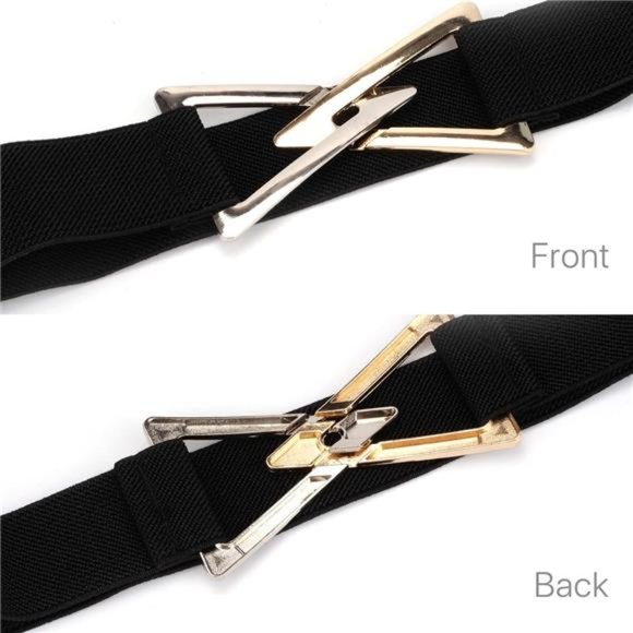 Elastic Adjustable Waist Belt Gold Silver Triangle Buckle Skinny Retro Black main image 5